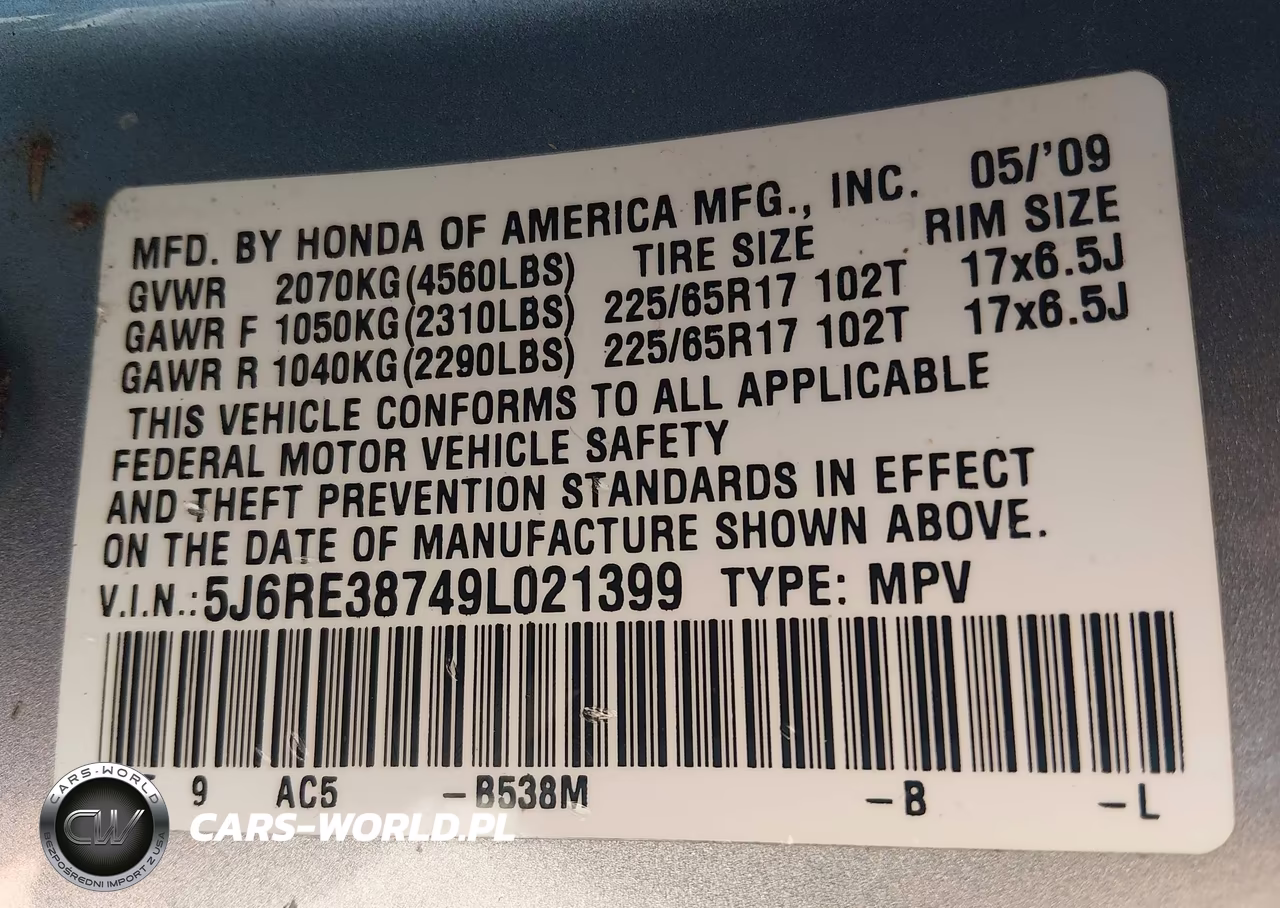 2009 Honda Cr-V Ex-L VIN:5J6RE38749L021399 - 9