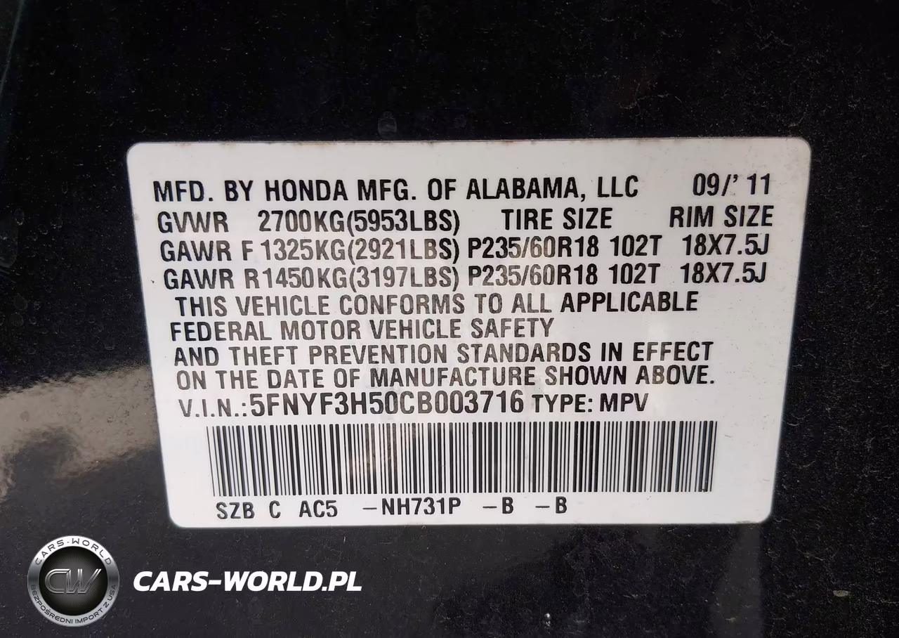 2012 Honda Pilot Ex-L VIN:5FNYF3H50CB003716 - 9