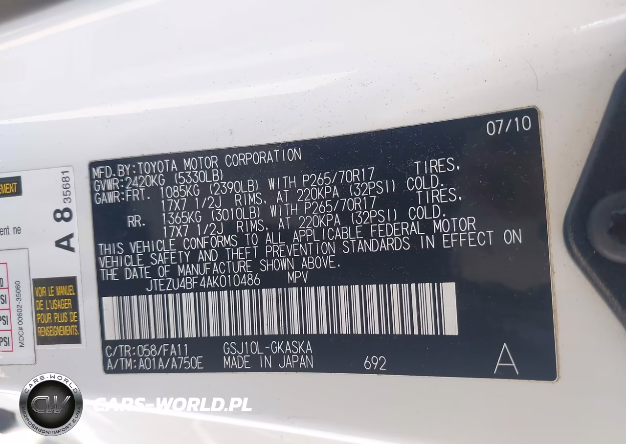 2010 Toyota Fj Cruiser VIN:JTEZU4BF4AK010486 - 9