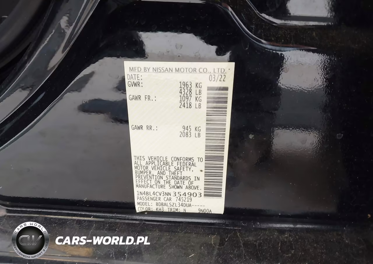 2022 Nissan Altima Sr Fwd VIN:1N4BL4CV3NN354903 - 9