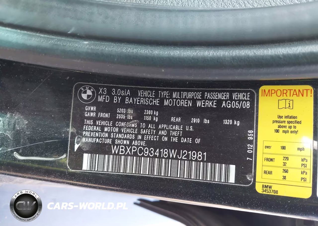 2008 BMW X3 3.0Si VIN:WBXPC93418WJ21981 - 9