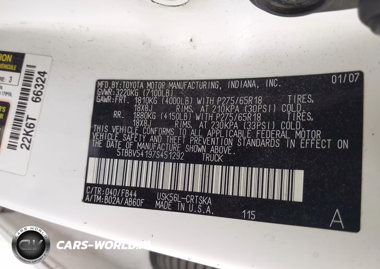 2007 Toyota Tundra Sr5 5.7L V8 VIN:5TBBV54197S451292 - 9