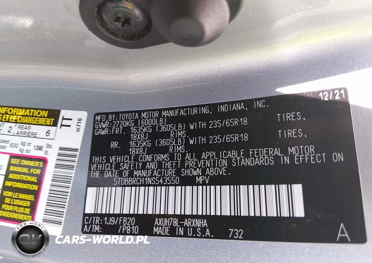 2022 Toyota Highlander Hybrid Le VIN:5TDBBRCH1NS543550 - 9