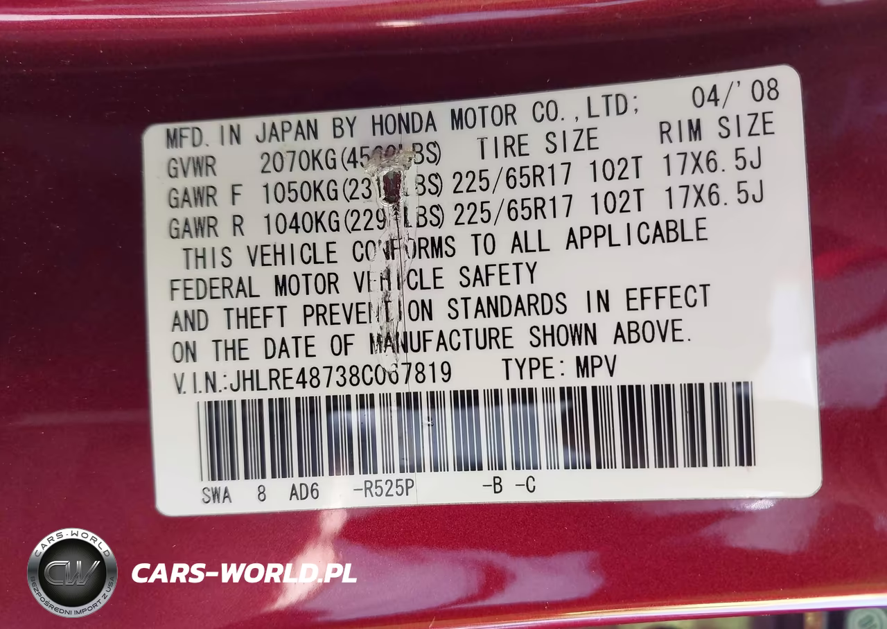 2008 Honda Cr-V Ex-L VIN:JHLRE48738C067819 - 9