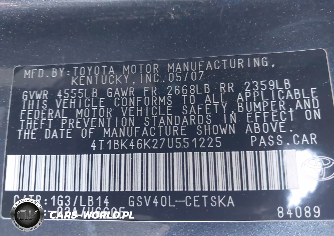2007 Toyota Camry Se V6 VIN:4T1BK46K27U551225 - 9