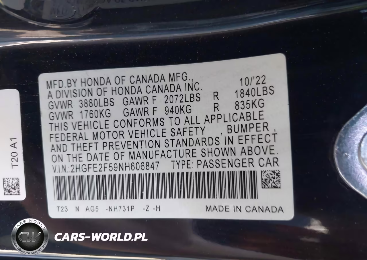 HONDA CIVIC SPOR VIN:2HGFE2F59NH606847 - 9