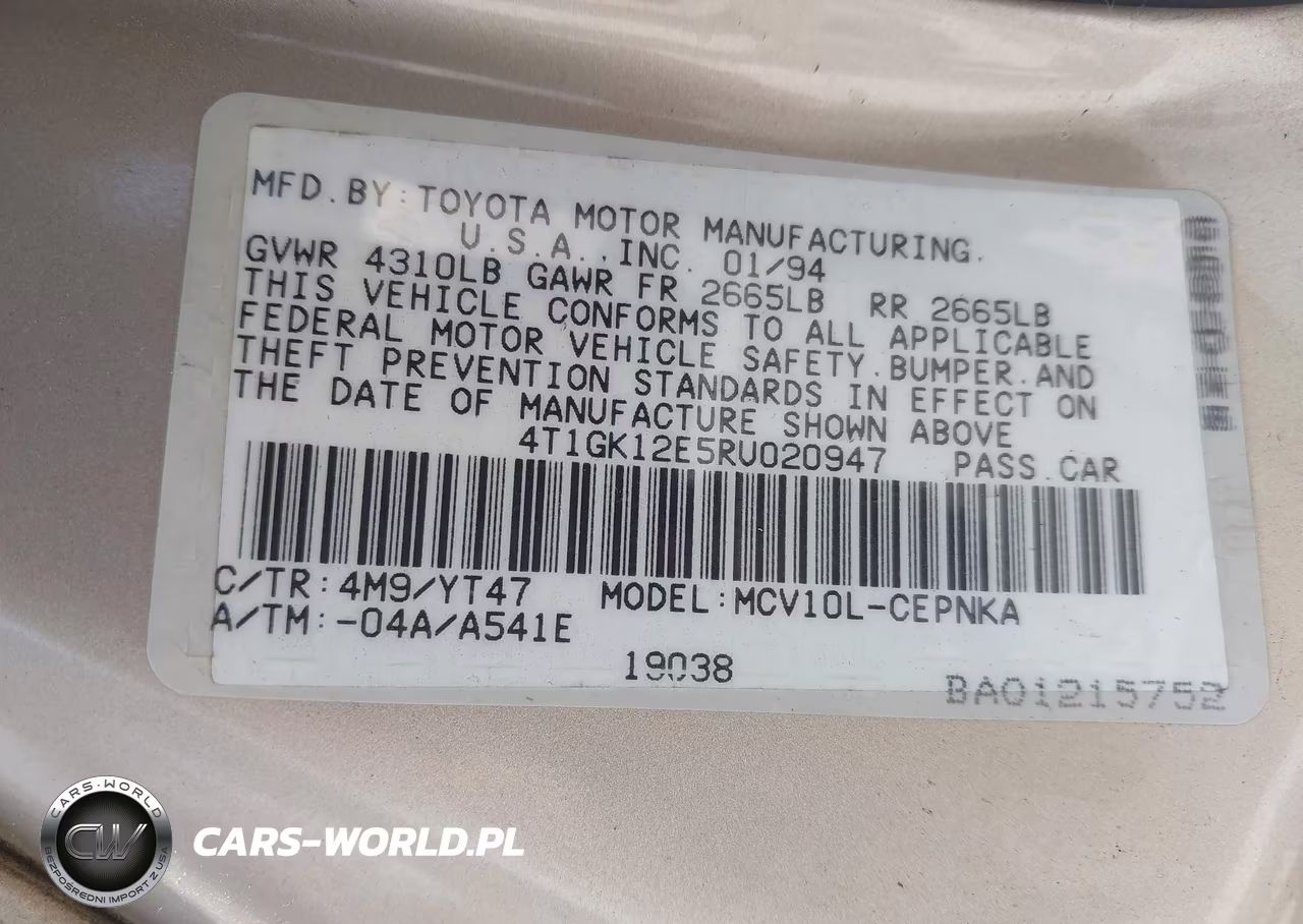 1994 Toyota Camry Le VIN:4T1GK12E5RU020947 - 9