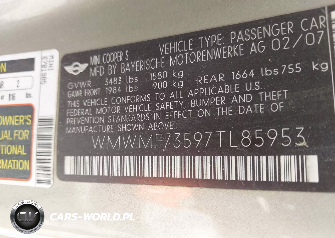 2007 Mini Cooper S VIN:WMWMF73597TL85953 - 9