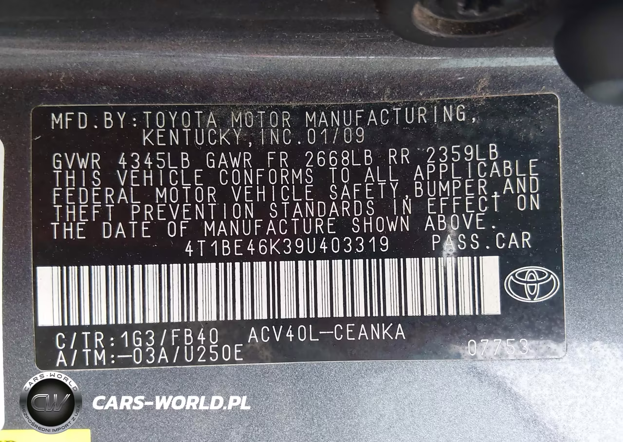 2009 Toyota Camry Le VIN:4T1BE46K39U403319 - 9