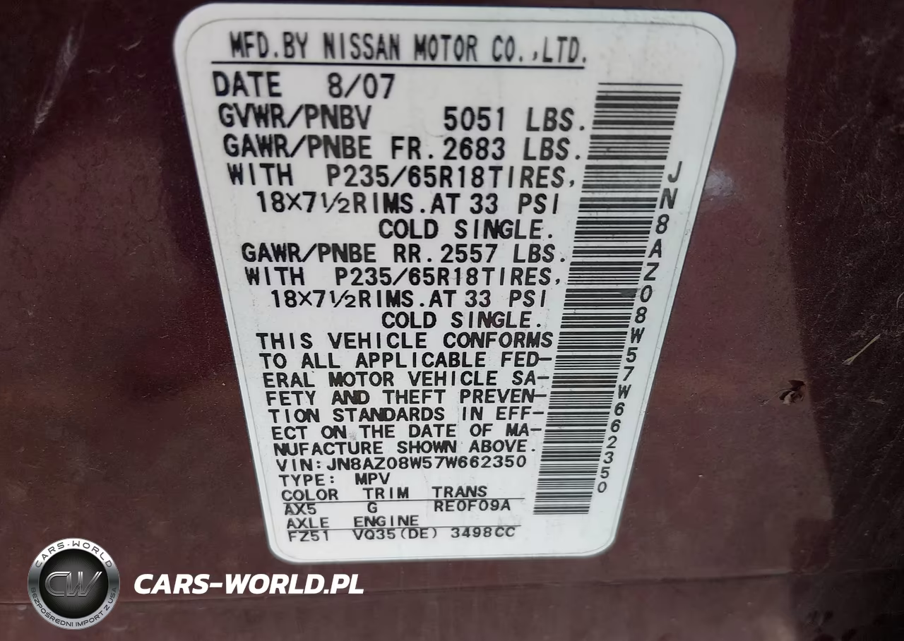 2007 Nissan Murano Sl VIN:JN8AZ08W57W662350 - 9