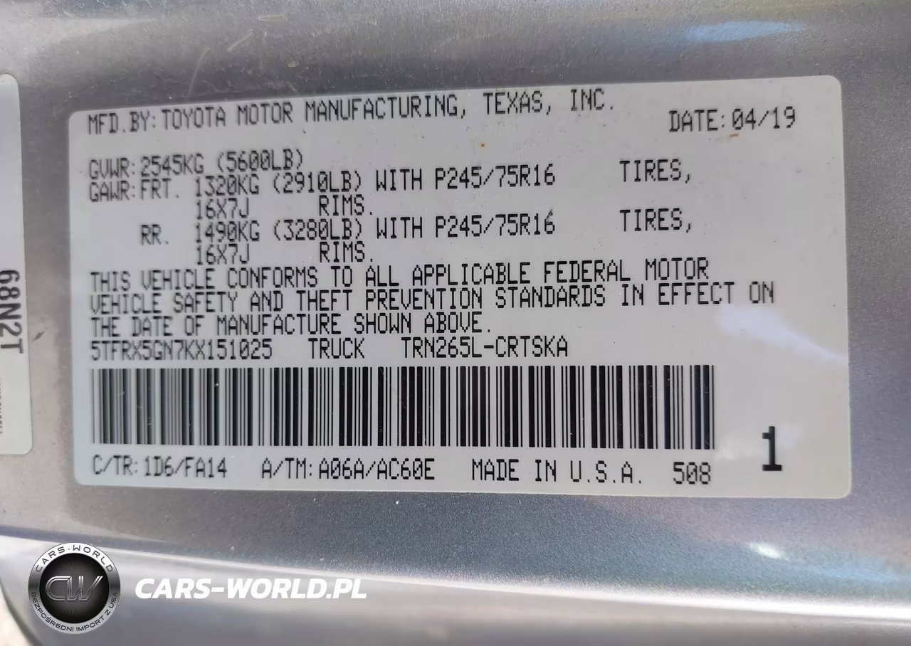 2019 Toyota Tacoma Sr VIN:5TFRX5GN7KX151025 - 9