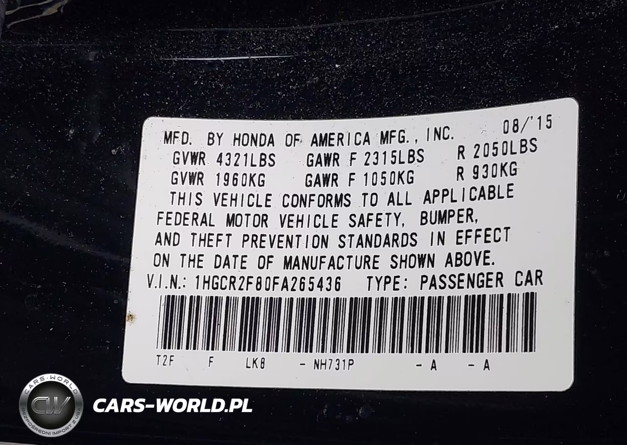 2015 Honda Accord Ex-L VIN:1HGCR2F80FA265436 - 9