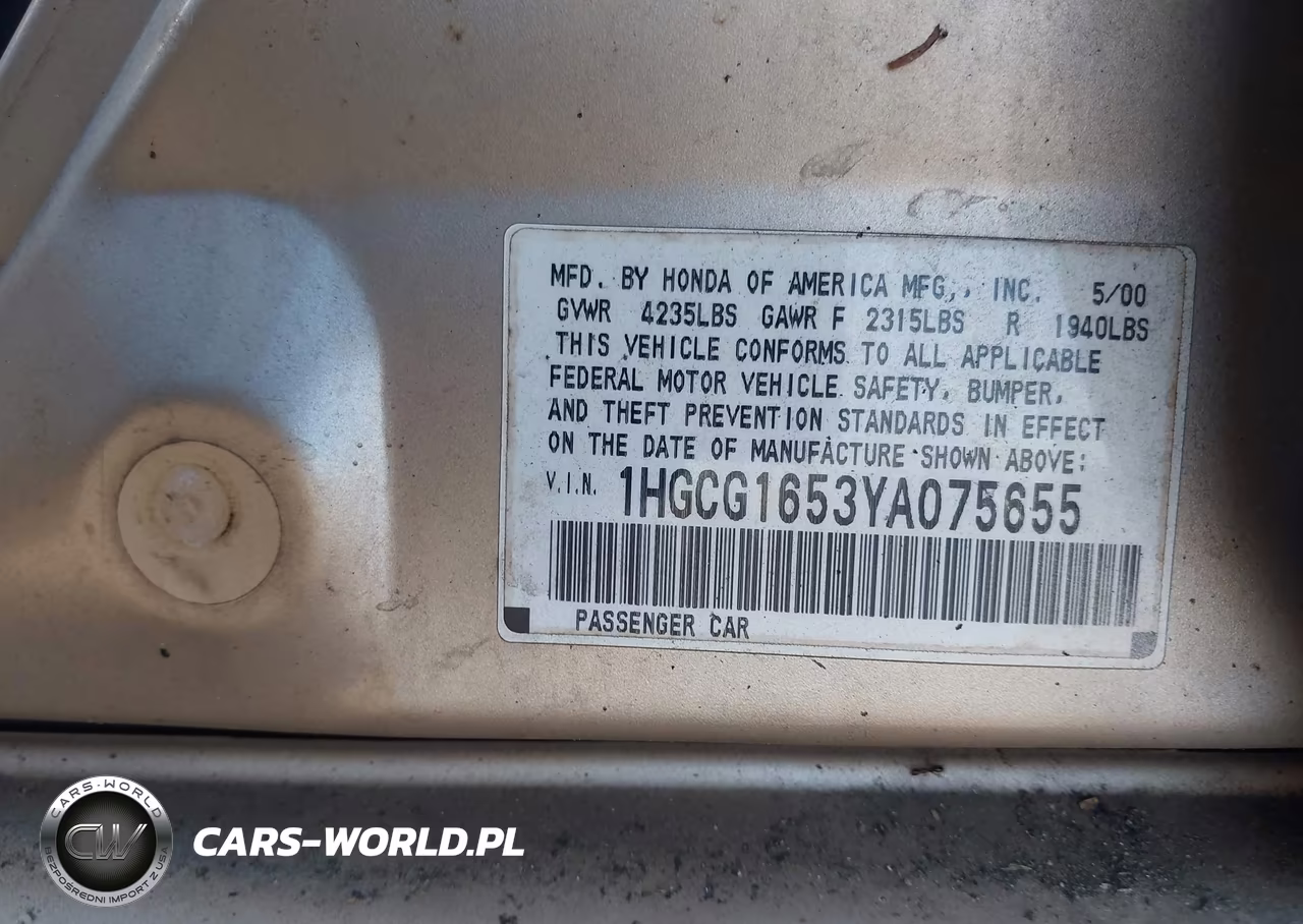 2000 Honda Accord 3.0 Ex VIN:1HGCG1653YA075655 - 9