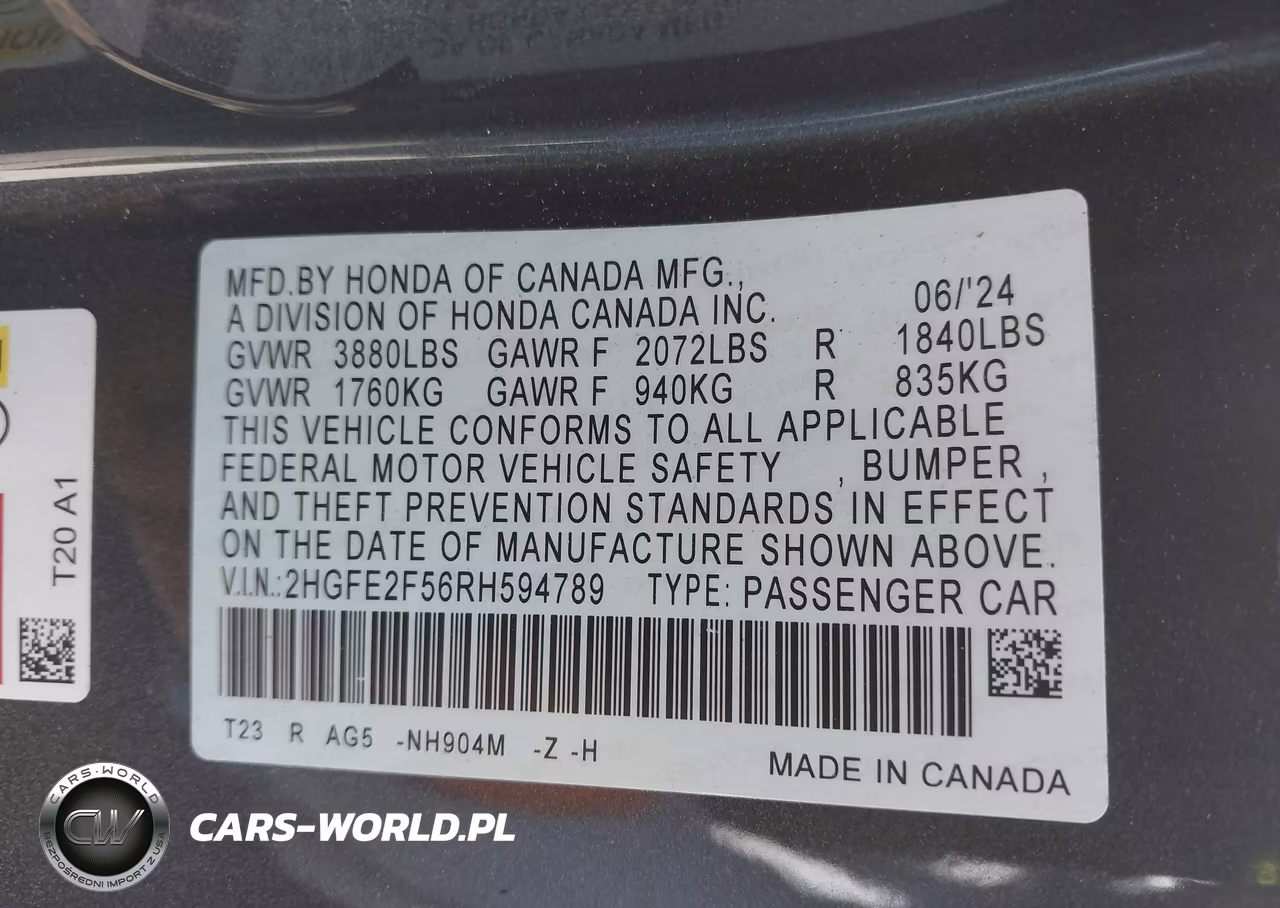 2024 Honda Civic Sport VIN:2HGFE2F56RH594789 - 9