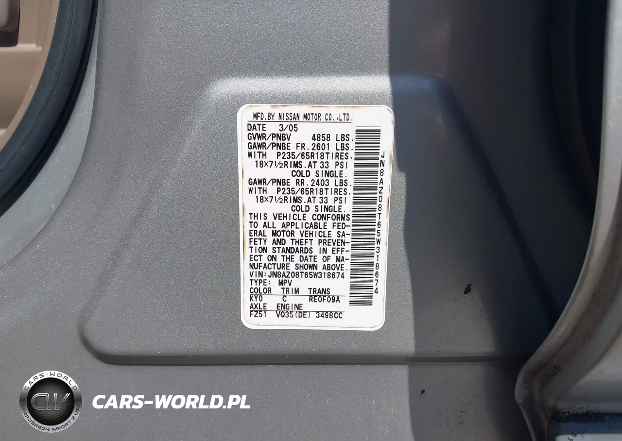 2005 Nissan Murano Sl VIN:JN8AZ08T65W318674 - 9