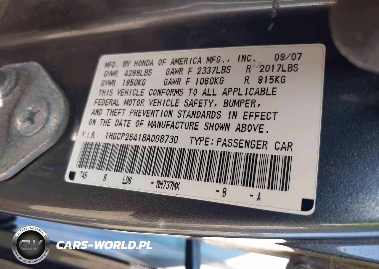 2008 Honda Accord 2.4 Lx-P VIN:1HGCP26418A008730 - 9