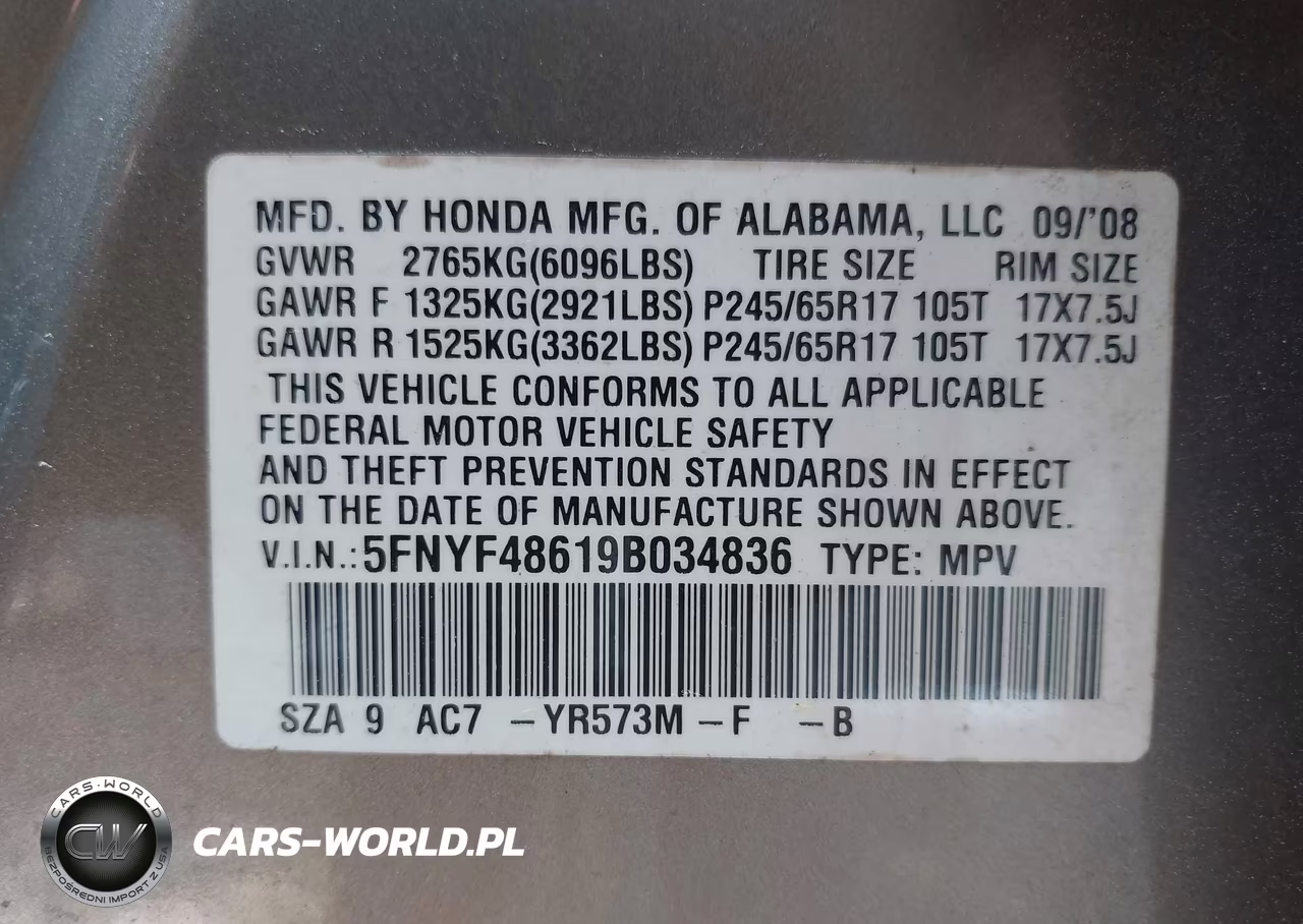 2009 Honda Pilot Ex-L VIN:5FNYF48619B034836 - 9