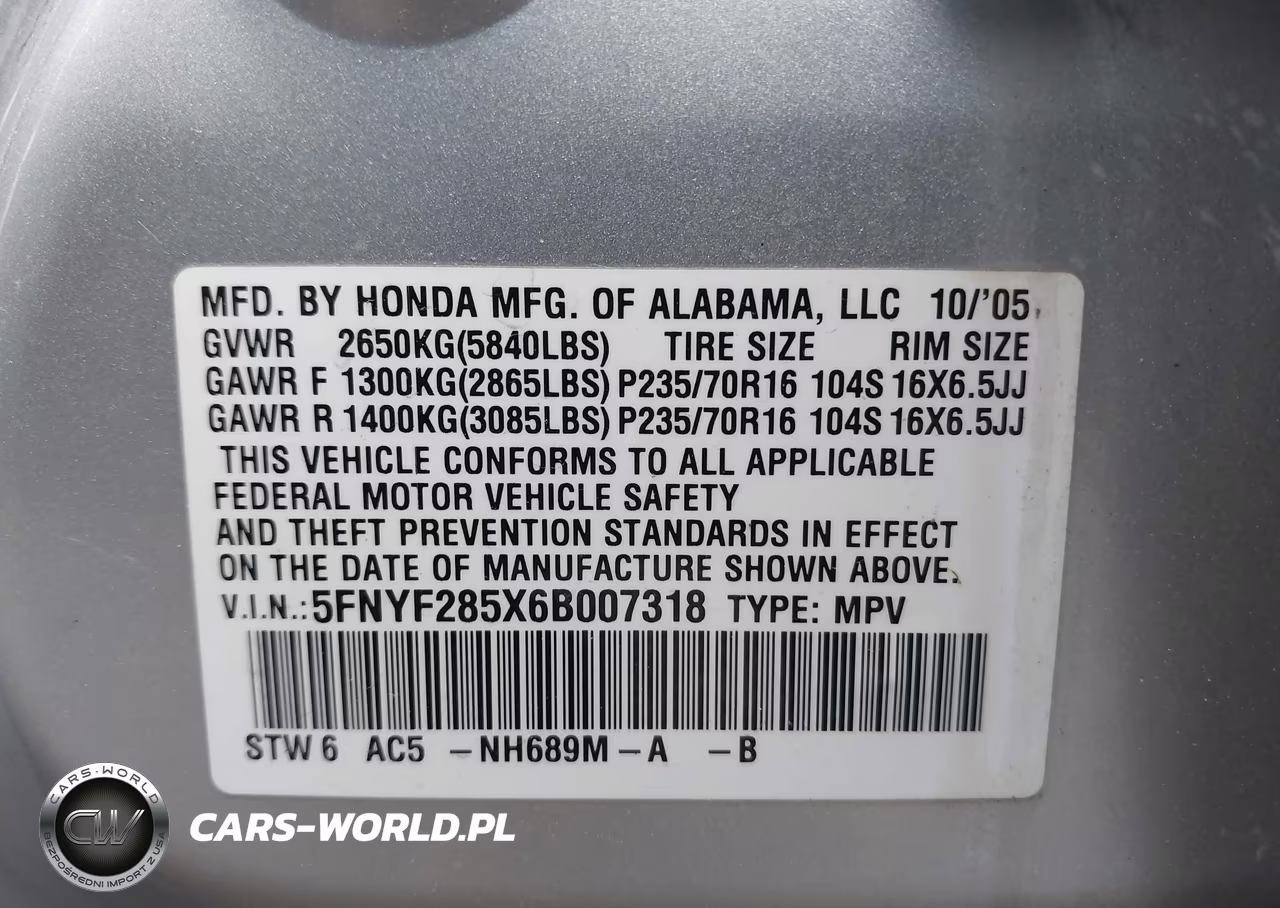 2006 Honda Pilot Ex-L VIN:5FNYF285X6B007318 - 9