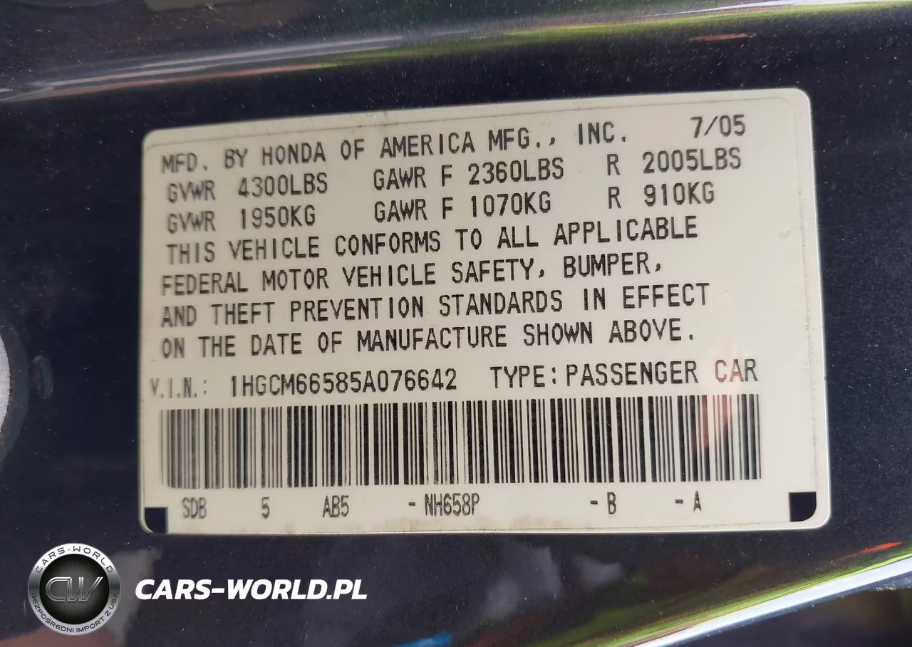 2005 Honda Accord 3.0 Ex VIN:1HGCM66585A076642 - 9