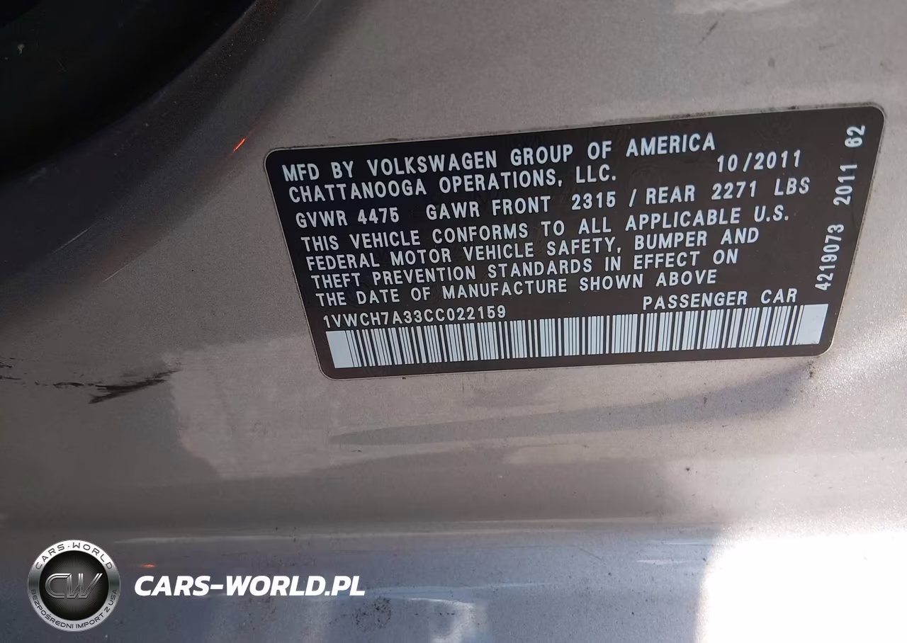 2012 Volkswagen Passat 2.5L Sel Premium VIN:1VWCH7A33CC022159 - 9