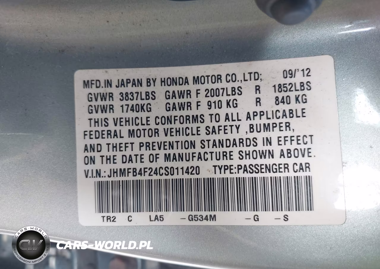 2012 Honda Civic Hybrid VIN:JHMFB4F24CS011420 - 9