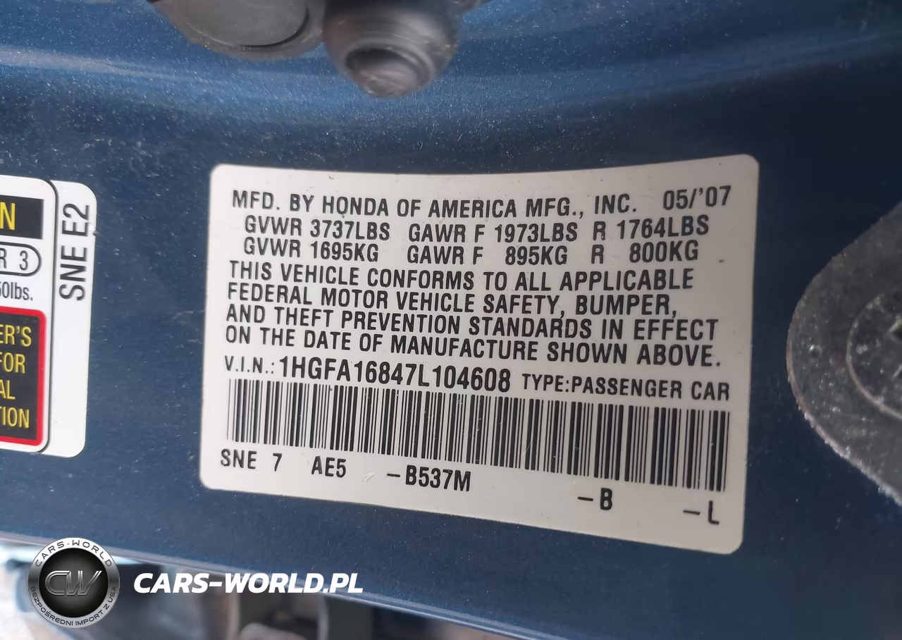 2007 Honda Civic Ex VIN:1HGFA16847L104608 - 9