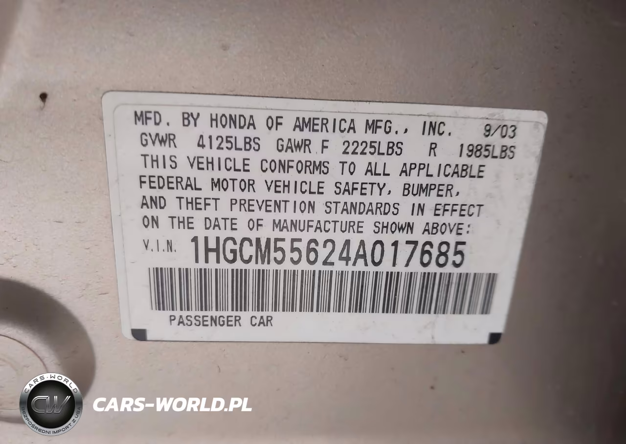 2004 Honda Accord 2.4 Ex VIN:1HGCM55624A017685 - 9