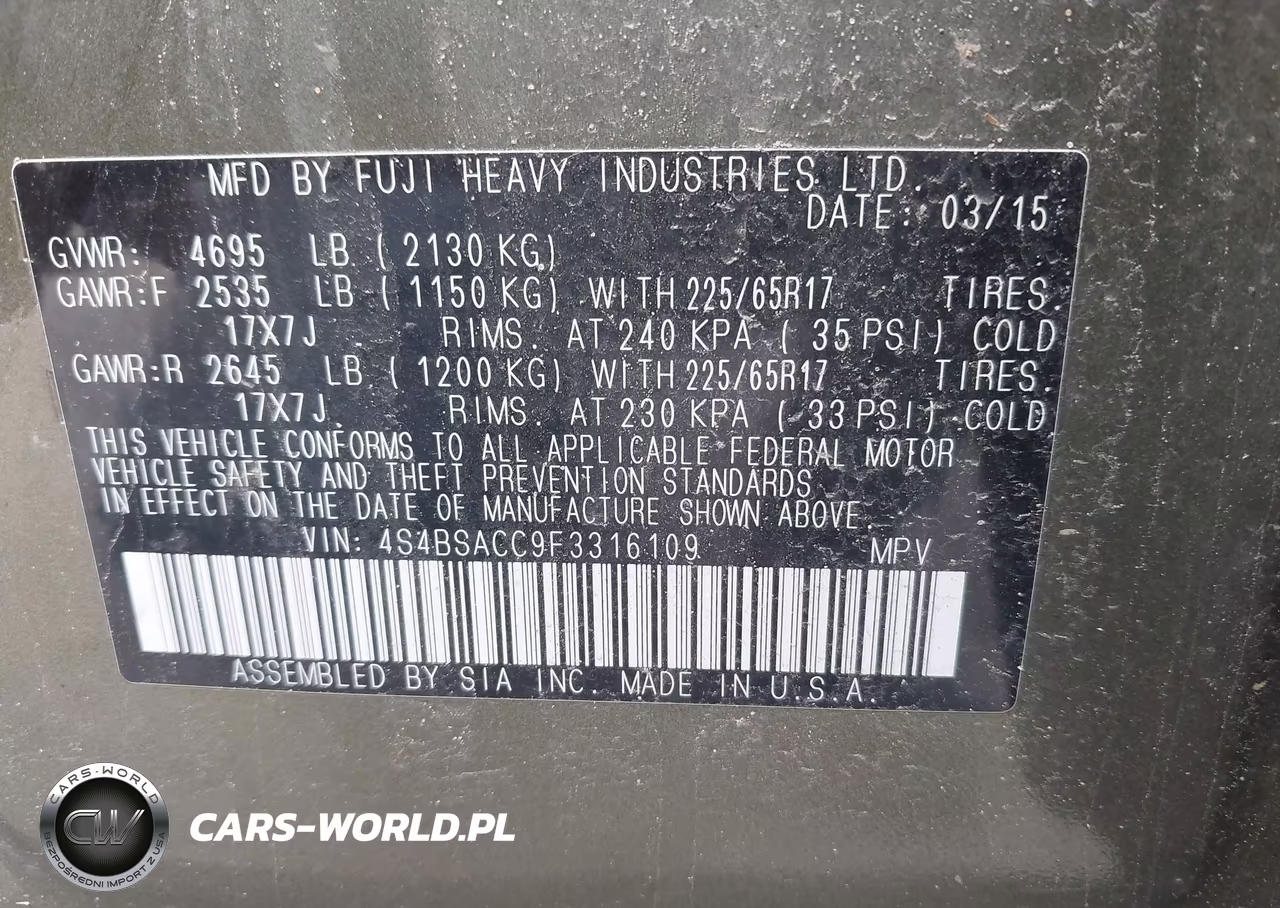 2015 Subaru Outback 2.5I Premium VIN:4S4BSACC9F3316109 - 9