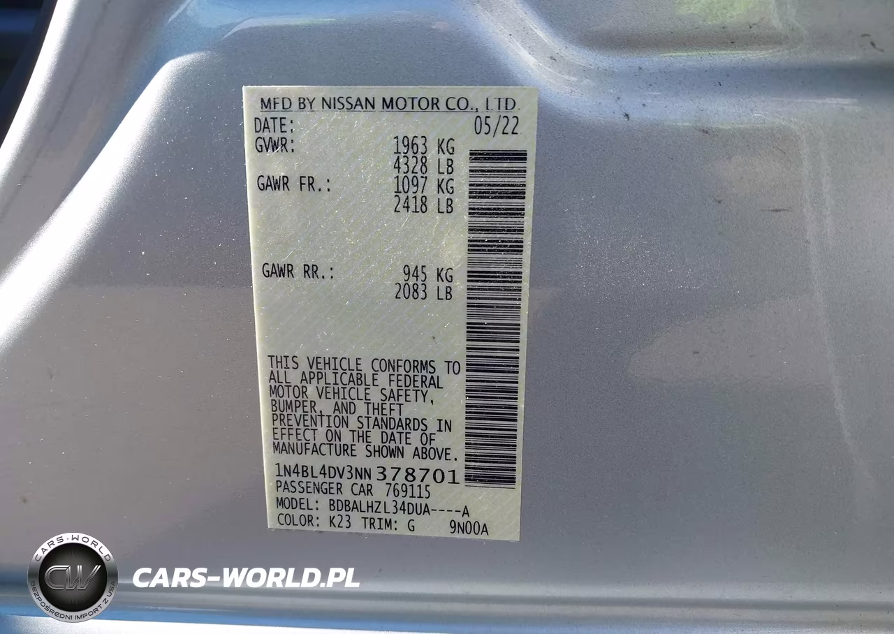 2022 Nissan Altima Sv Fwd VIN:1N4BL4DV3NN378701 - 9