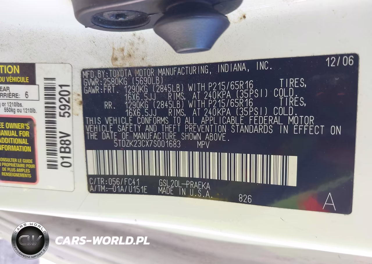 2007 Toyota Sienna Le VIN:5TDZK23CX7S001683 - 9