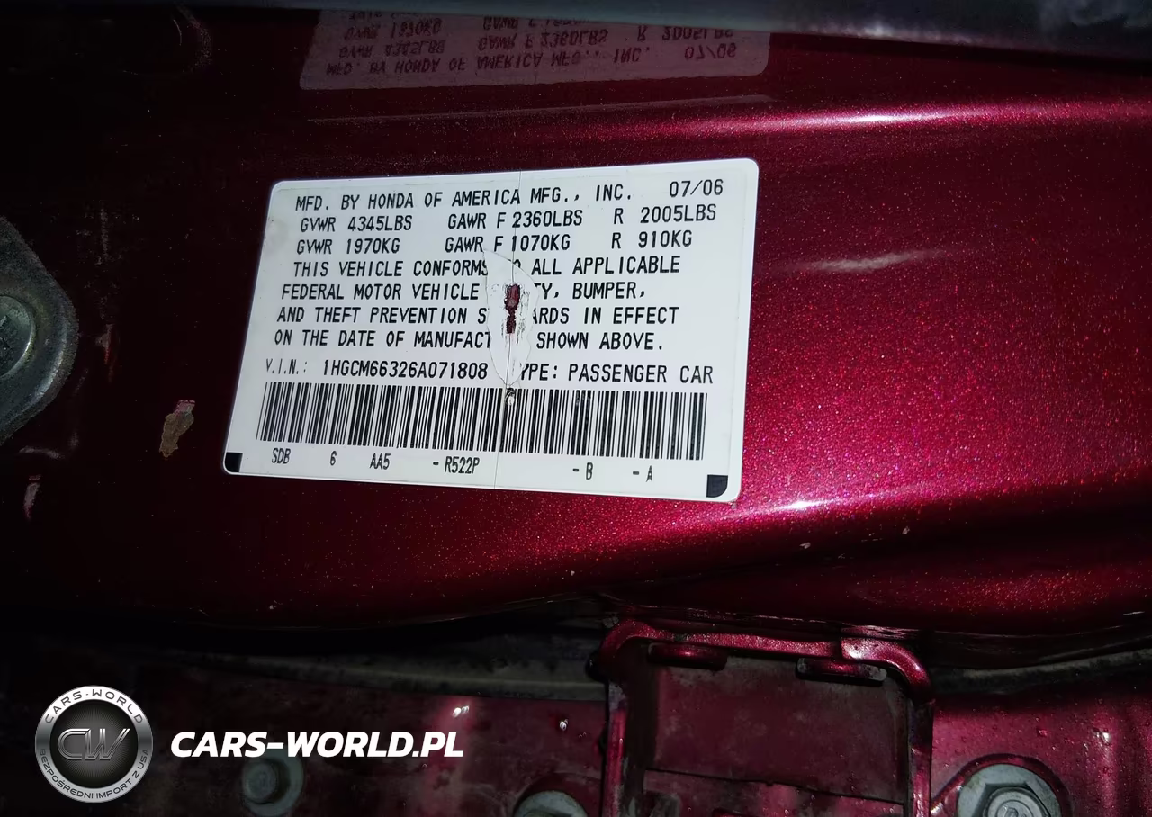 2006 Honda Accord 3.0 Lx VIN:1HGCM66326A071808 - 9