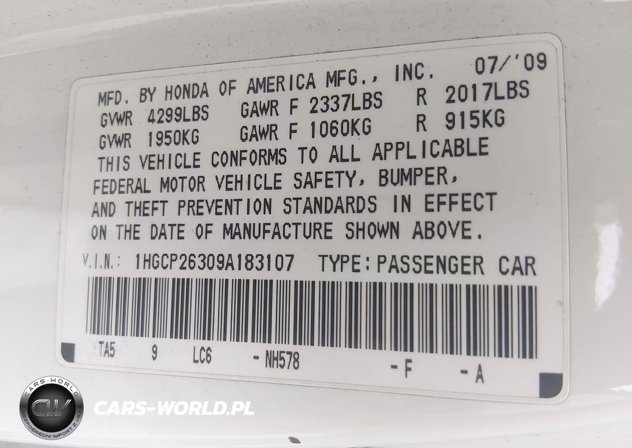 2009 Honda Accord 2.4 Lx VIN:1HGCP26309A183107 - 9