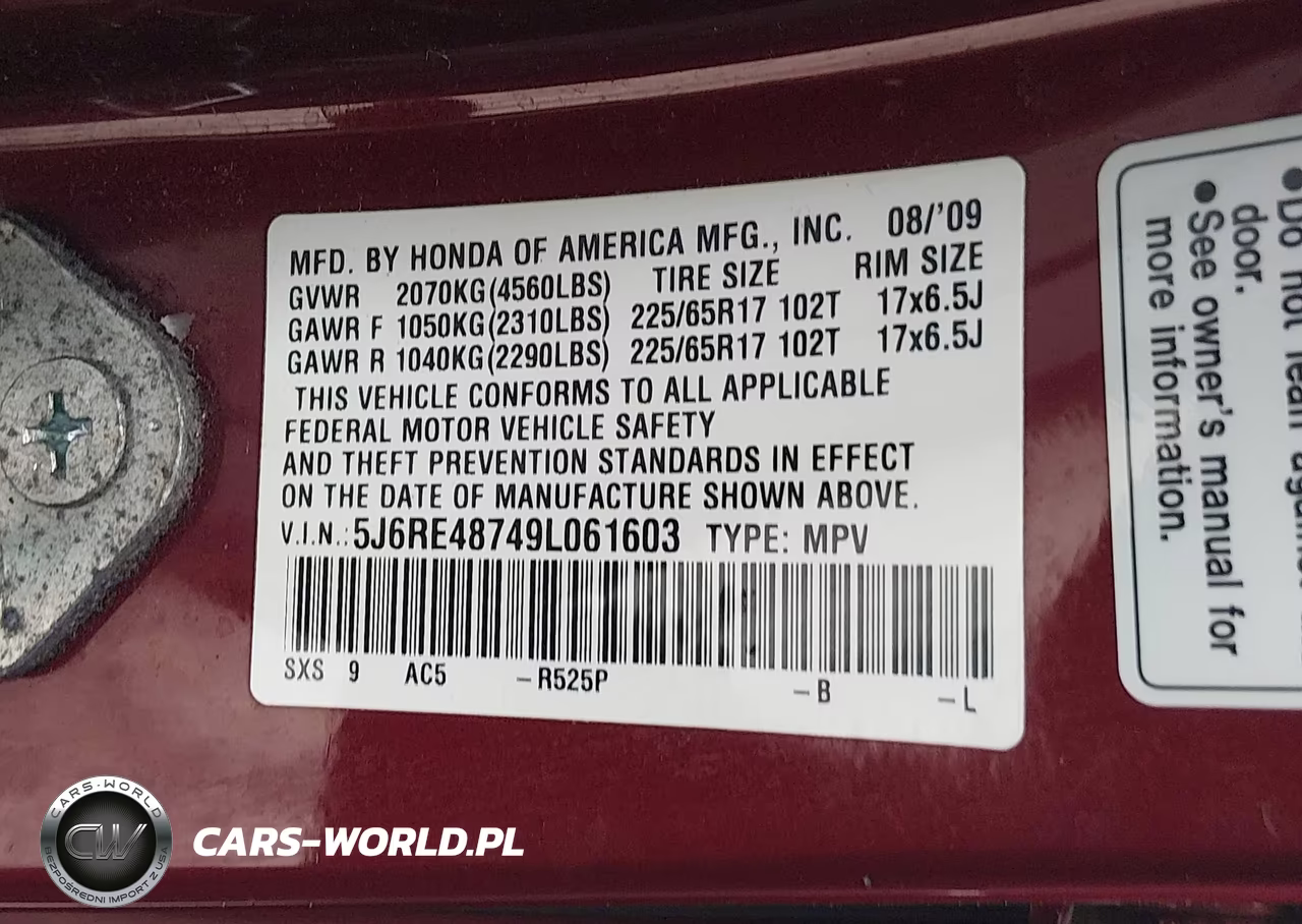 2009 Honda Cr-V Ex-L VIN:5J6RE48749L061603 - 9