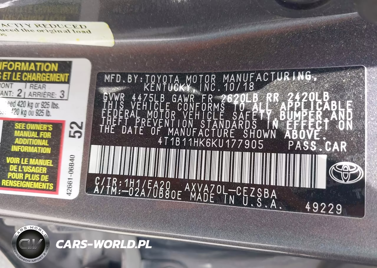 2019 Toyota Camry Se VIN:4T1B11HK6KU177905 - 9