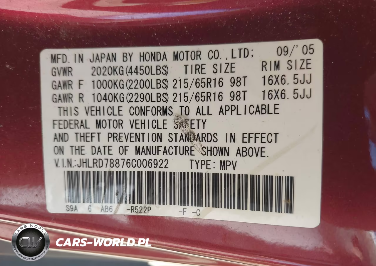 2006 Honda Cr-V Ex VIN:JHLRD78876C006922 - 9