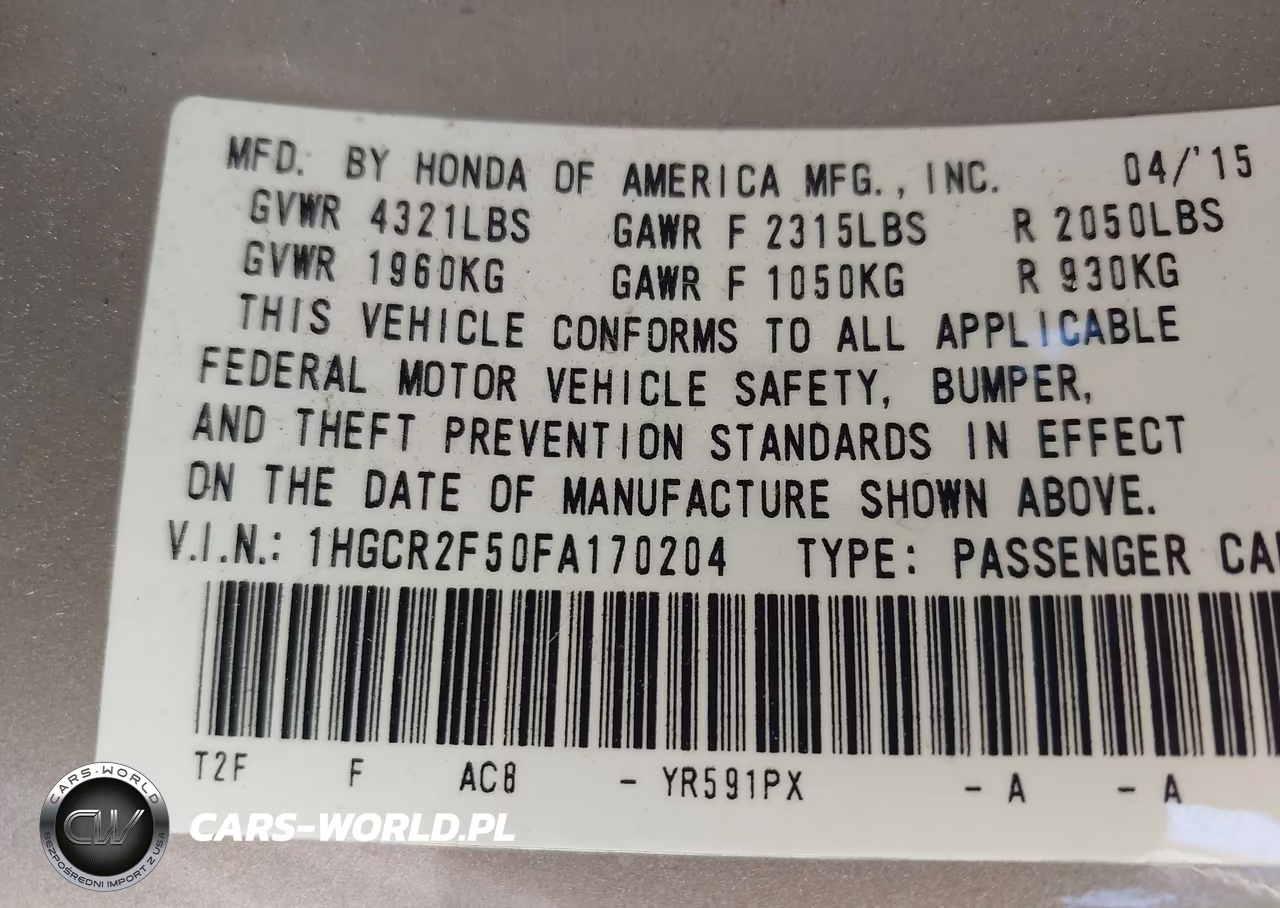 2015 Honda Accord Sport VIN:1HGCR2F50FA170204 - 9