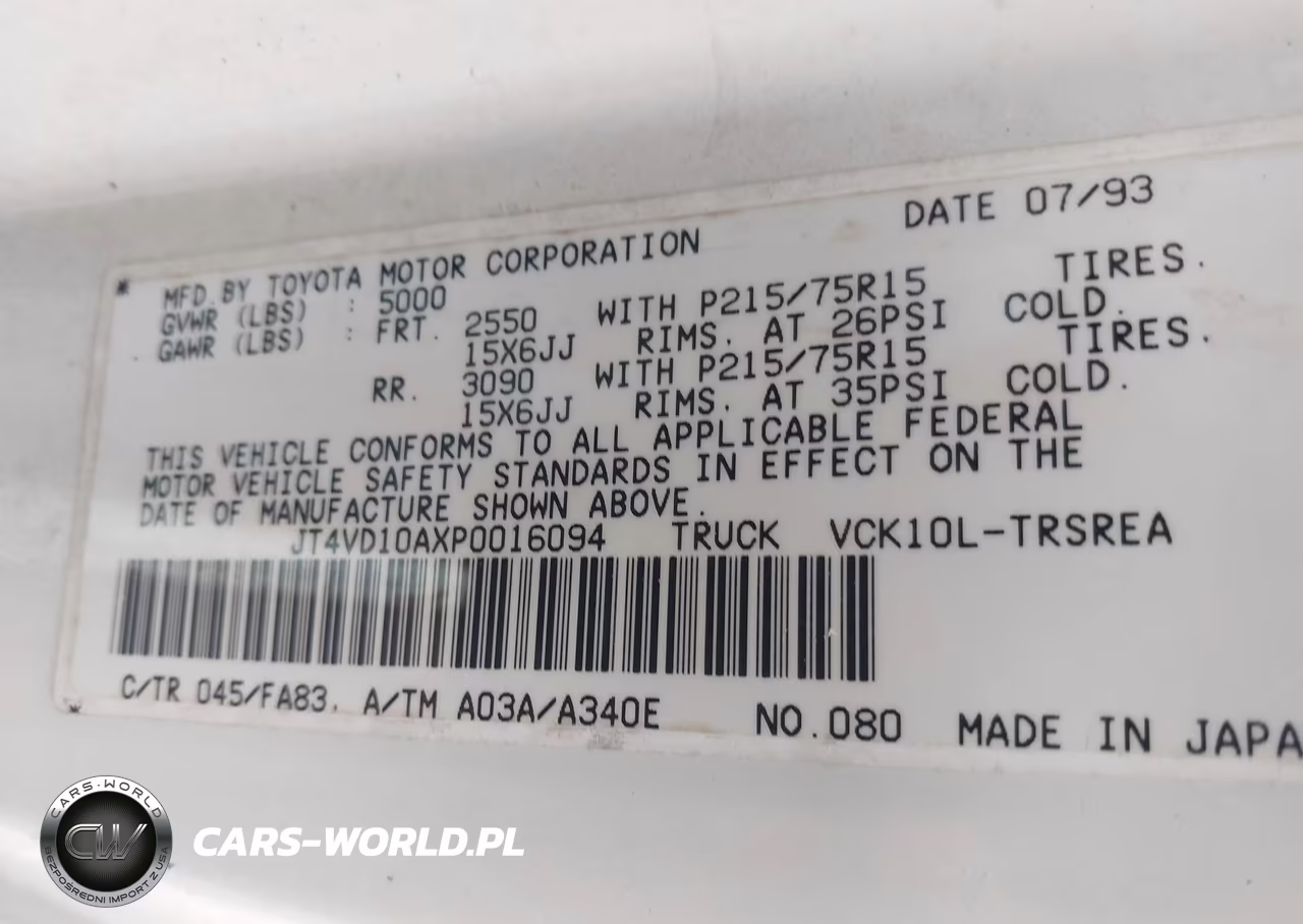 1993 Toyota T100 VIN:JT4VD10AXP0016094 - 9