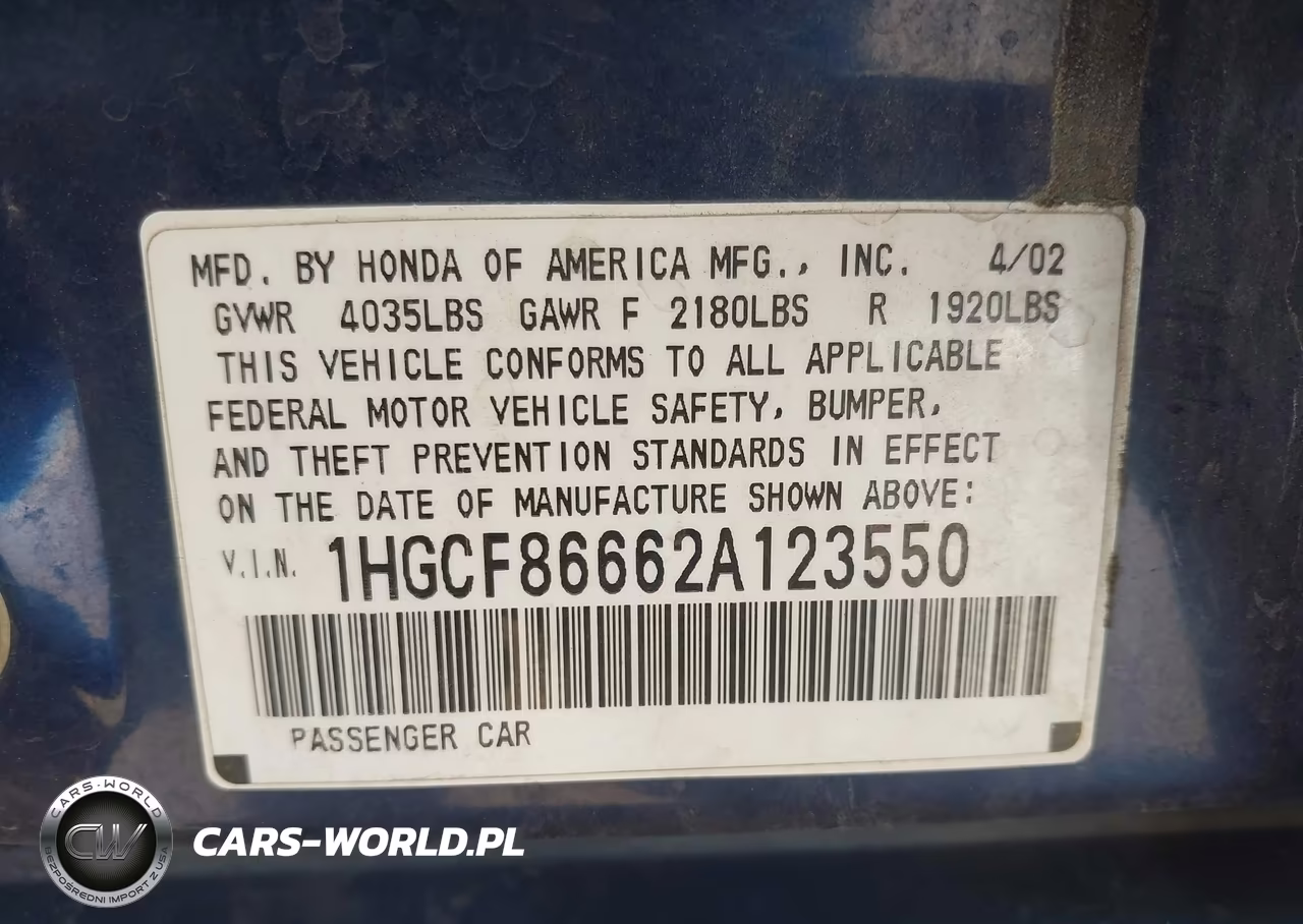 2002 Honda Accord 2.3 Vp VIN:1HGCF86662A123550 - 9