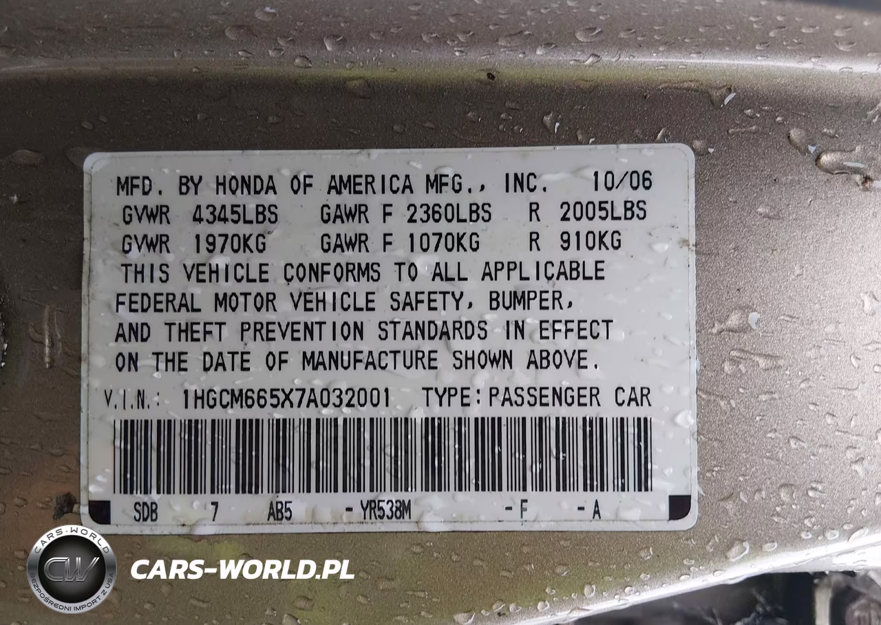 2007 Honda Accord 3.0 Ex VIN:1HGCM665X7A032001 - 9
