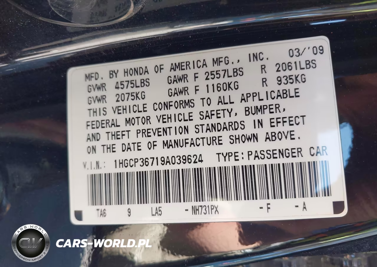 2009 Honda Accord 3.5 Ex VIN:1HGCP36719A039624 - 9