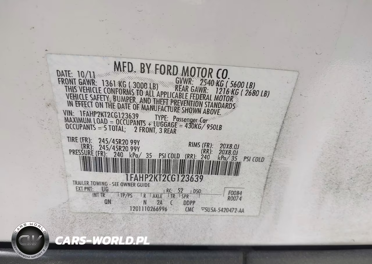 2012 Ford Taurus Sho VIN:1FAHP2KT2CG123639 - 9