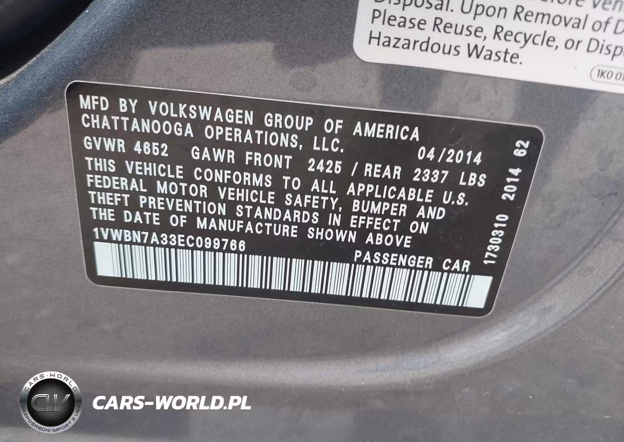 2014 Volkswagen Passat 2.0L Tdi Se VIN:1VWBN7A33EC099766 - 9