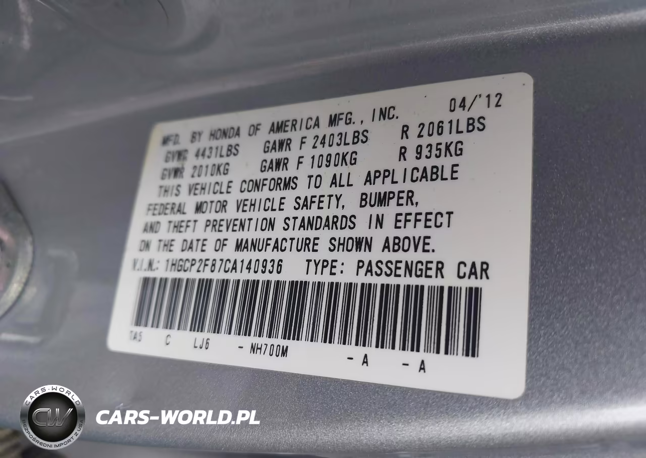 2012 Honda Accord 2.4 Ex-L VIN:1HGCP2F87CA140936 - 9