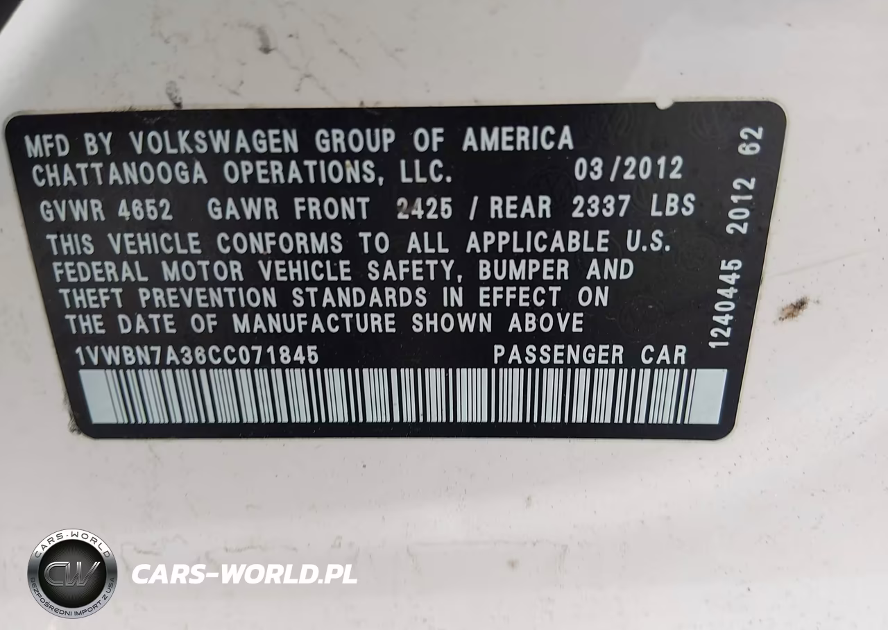2012 Volkswagen Passat 2.0L Tdi Se VIN:1VWBN7A36CC071845 - 9
