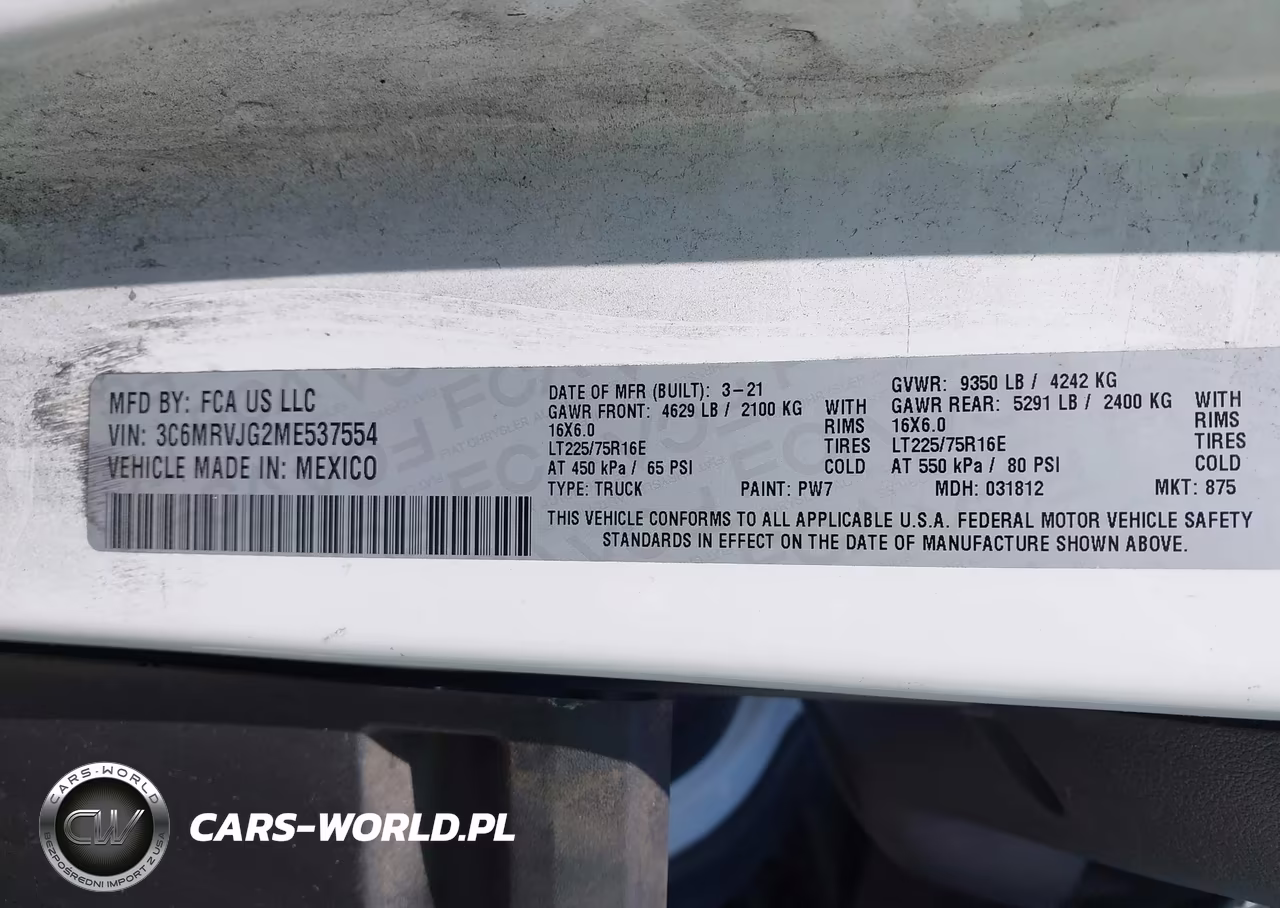 2021 Ram Promaster 3500 Cargo Van High Roof 159 Wb Ext VIN:3C6MRVJG2ME537554 - 9