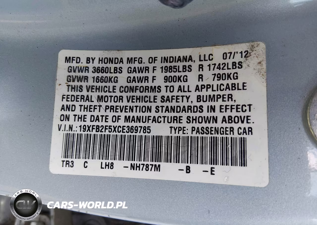2012 Honda Civic Lx VIN:19XFB2F5XCE369785 - 9