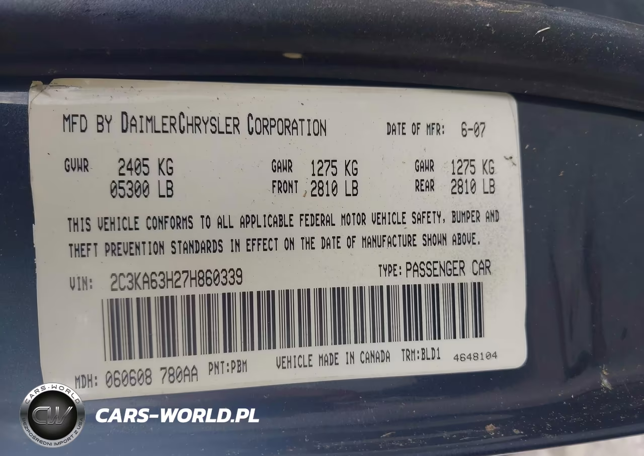 2007 Chrysler 300C VIN:2C3KA63H27H860339 - 9