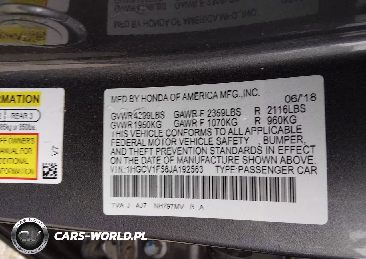 2018 Honda Accord Ex-L VIN:1HGCV1F58JA192563 - 9