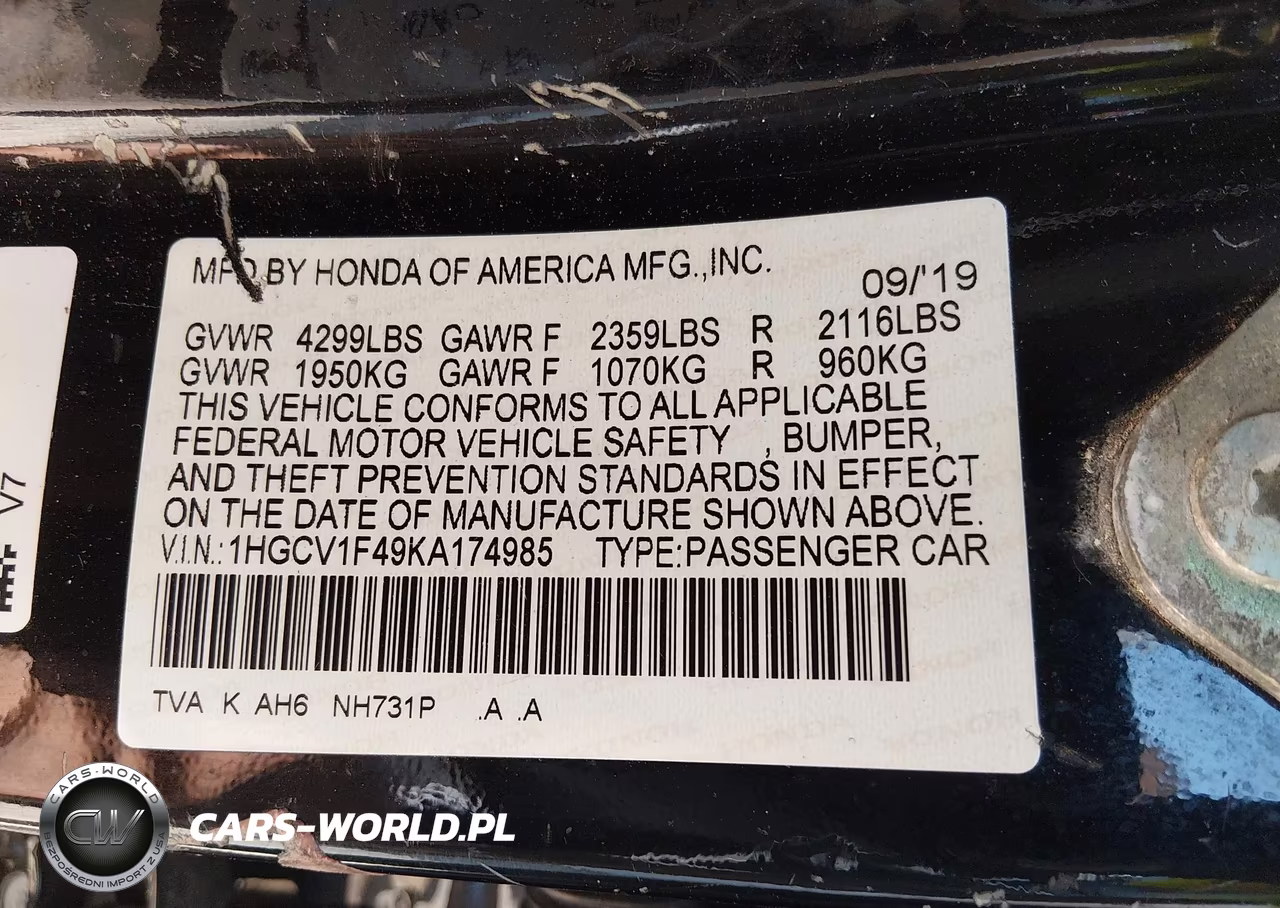 2019 Honda Accord Ex VIN:1HGCV1F49KA174985 - 9