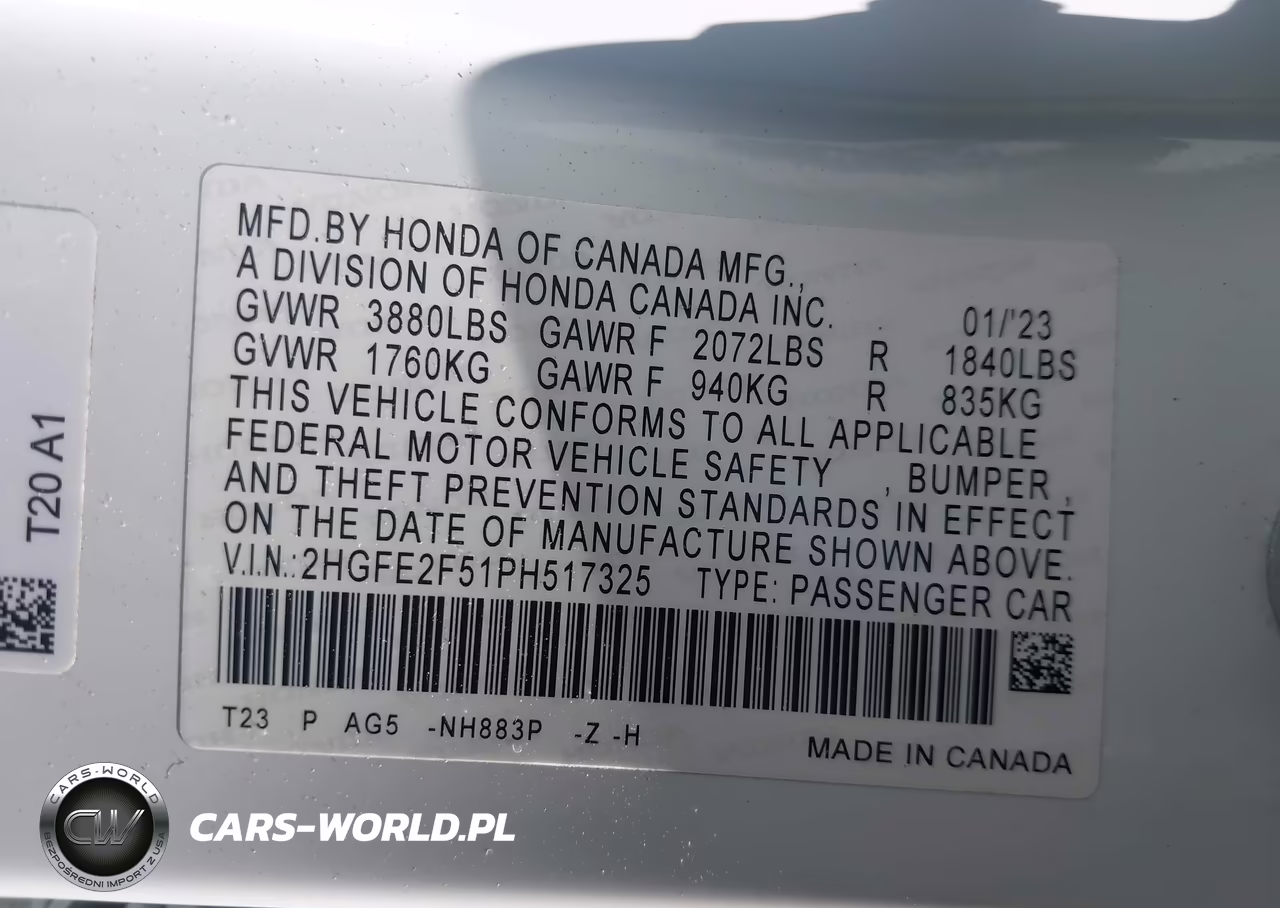 HONDA CIVIC SPOR VIN:2HGFE2F51PH517325 - 9